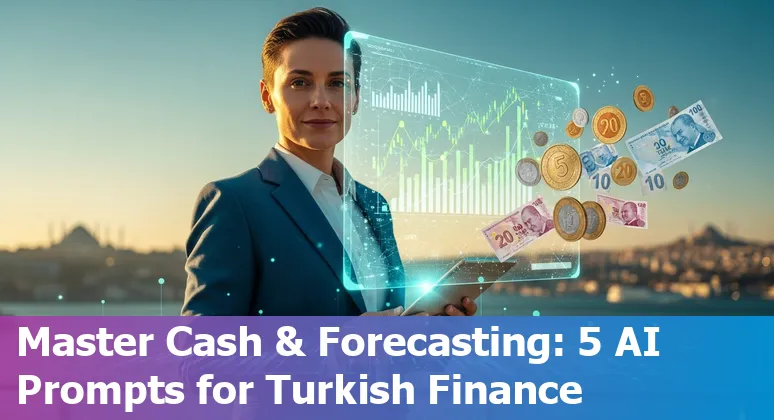 Finance professional in Turkey using AI prompts on a laptop, screen shows cash position, forecast charts and AR aging.
