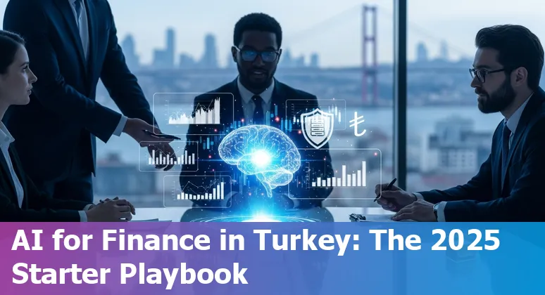 Graphic showing AI in Turkey's financial services: bank, data, regulation icons and Türkiye map