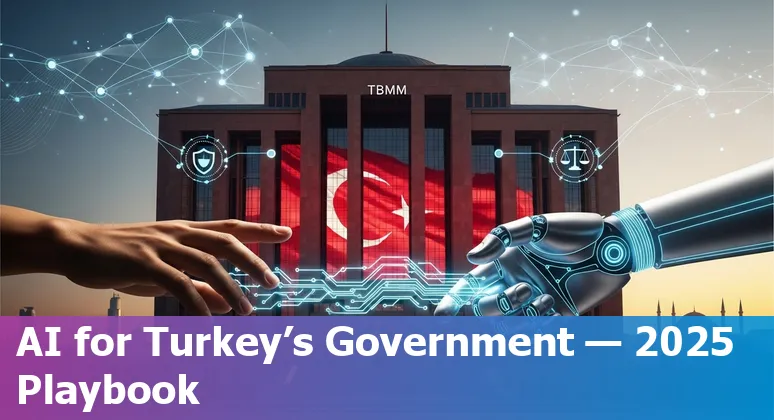 Illustration of AI governance and public data infrastructure in Turkey 2025 with government building, data cloud and compliance icons