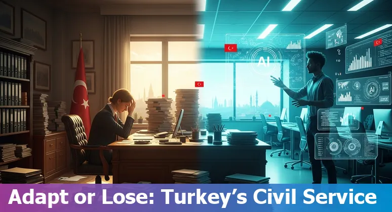 Government worker at a desk with AI automation icons and Turkish flag, illustrating jobs at risk and reskilling options.
