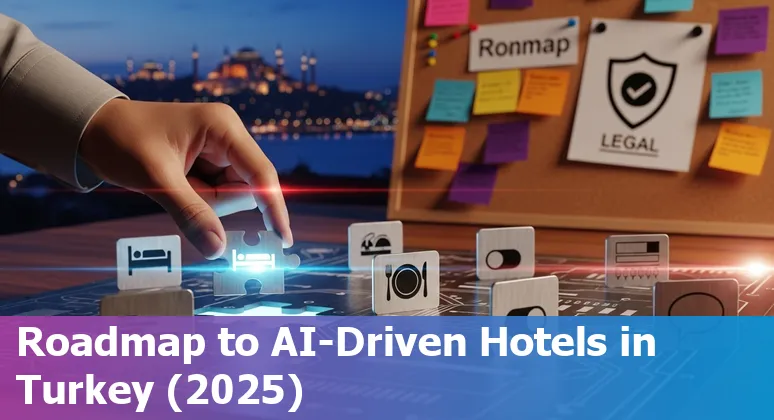 Hotel lobby with an AI concierge kiosk and staff using tablets in Turkey, 2025