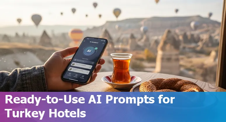 Hotel staff and guests using AI tools and a bilingual chatbot on a smartphone in an Istanbul hotel lobby