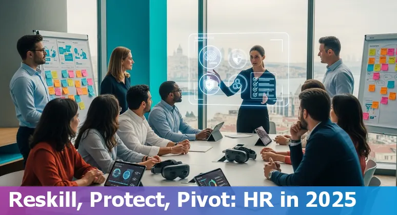 HR team discussing AI adoption and reskilling in Turkey office, 2025