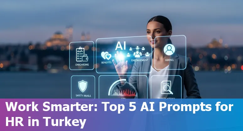 Turkish HR professional using bilingual AI prompts on a laptop for benefits, onboarding and investigations