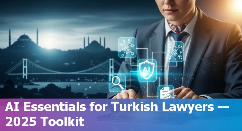 Collage of AI tool logos and legal icons representing top 10 AI tools for Turkish lawyers in 2025