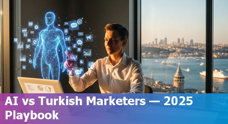 Illustration of AI and marketers collaborating over a Turkey city skyline, representing 2025 marketing jobs in Turkey