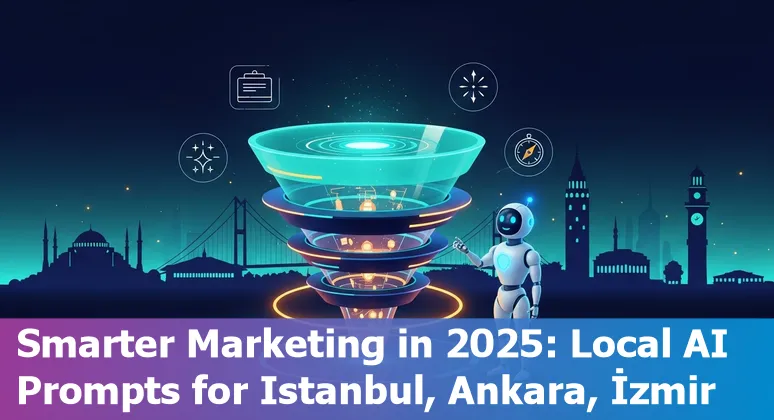 Illustration of a marketer using AI prompts on a laptop with Turkish landmarks like İstanbul skyline in the background