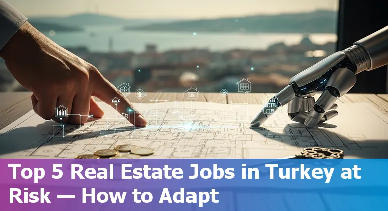 Real estate agent using a laptop with AI icons overlay and the Istanbul skyline in the background