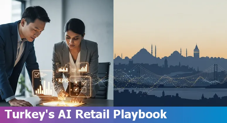 Retail store with AI overlays and Turkish flag illustrating AI in retail in Turkey in 2025