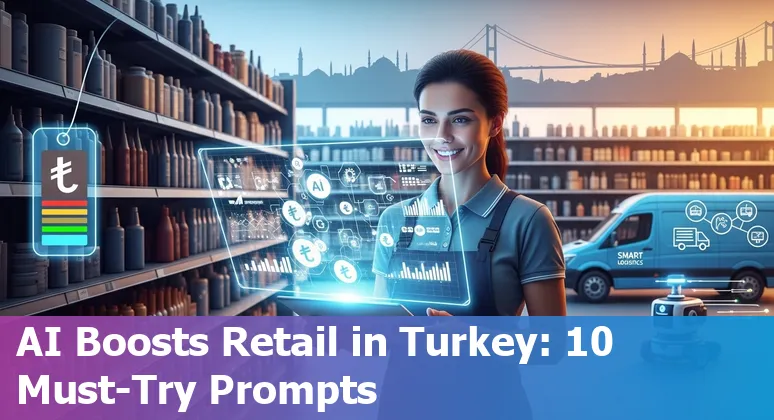 Illustration of AI use cases in Turkish retail: store shelf, chatbot, delivery van, and data dashboard