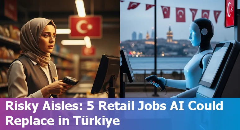 Retail worker using self-checkout while an AI shelf-scanning robot monitors stock in a Turkish supermarket.