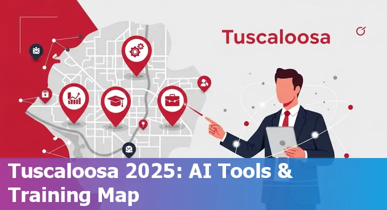 Finance professional using AI tools with Tuscaloosa, Alabama skyline and University of Alabama in background