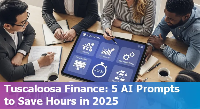 Finance professional in Tuscaloosa using AI prompts to create cash flow forecasts and board slides on a laptop