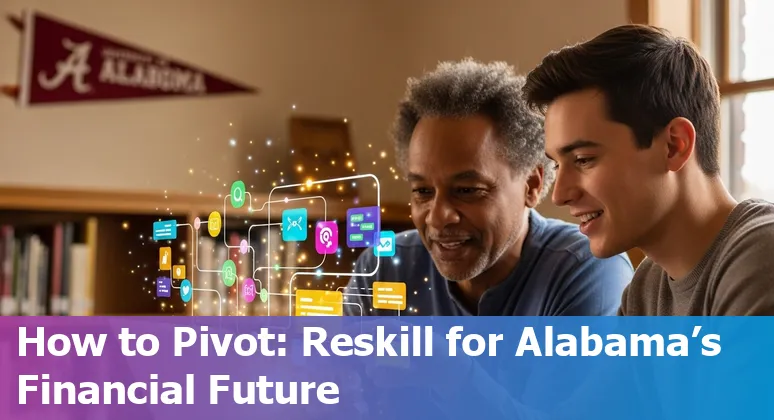 Tuscaloosa bank branch with AI icons overlay showing automation risk to teller and clerical jobs