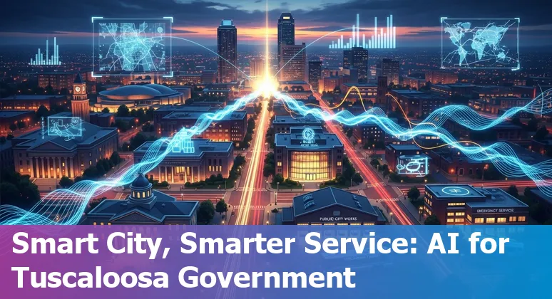 City of Tuscaloosa skyline with AI icons representing chatbots, traffic signals, and document digitization.