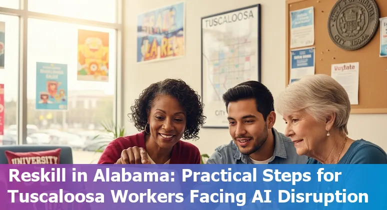 Tuscaloosa city hall worker using laptop with AI icons overlay; local skyline in background