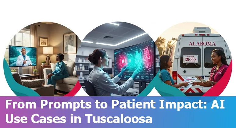 Healthcare worker using AI tools with Tuscaloosa skyline overlay and medical icons.