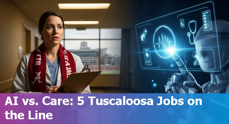 Tuscaloosa healthcare workers and hospital skyline with AI icons representing automation and retraining opportunities