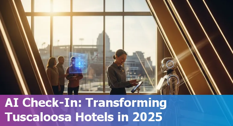 Hotel staff using AI concierge tablet in Tuscaloosa, Alabama hotel lobby in 2025