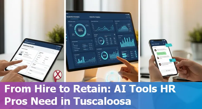HR professional using AI dashboard in Tuscaloosa, Alabama office — AI in HR 2025