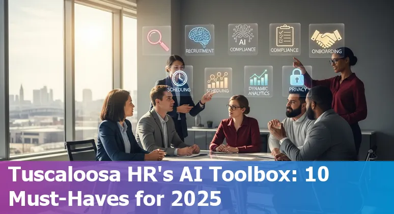 HR professional reviewing AI HR tool dashboards on a laptop with Tuscaloosa skyline in the background.