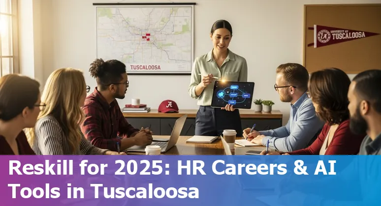 HR professional with AI dashboard in Tuscaloosa, Alabama office considering reskilling in 2025