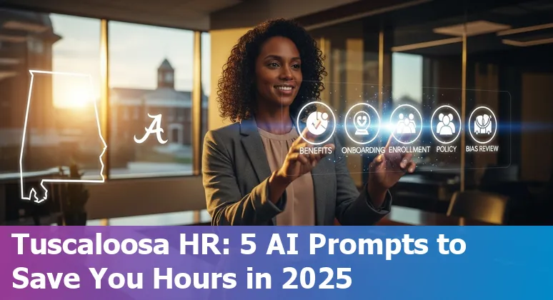 Tuscaloosa HR professional using AI prompts on a laptop with local skyline in background