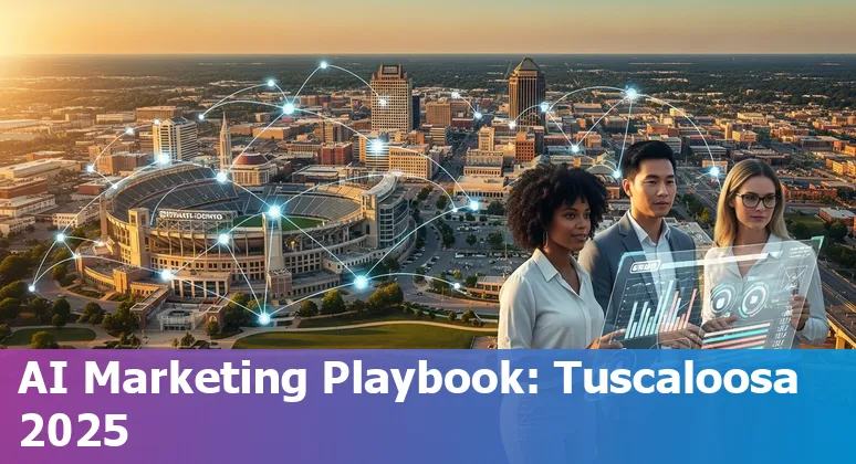 Marketing professional using AI tools in Tuscaloosa, Alabama in 2025 - laptop and local skyline