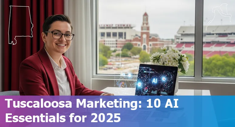Tuscaloosa marketer using AI tools on laptop with University of Alabama in background.