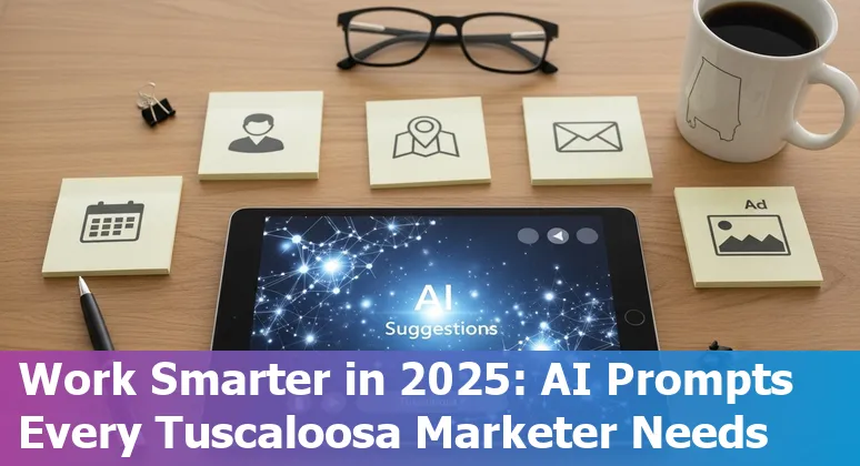 Marketing professional using AI prompts on a laptop with Tuscaloosa skyline in the background