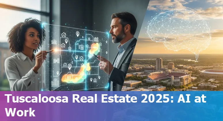 Real estate agent using AI tools on a laptop with a Tuscaloosa, Alabama map and property photos in 2025