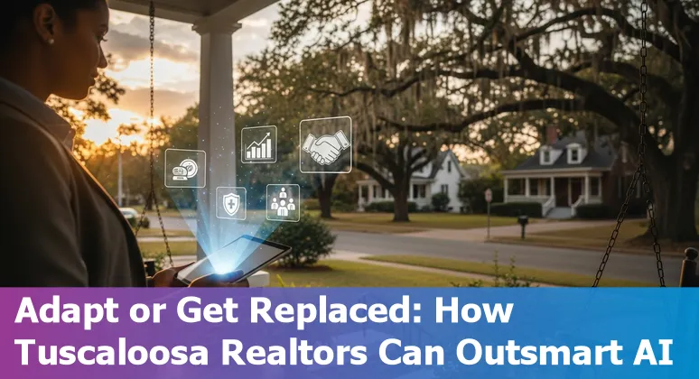 Tuscaloosa real estate agent looking at a laptop with AI and housing market icons overlayed