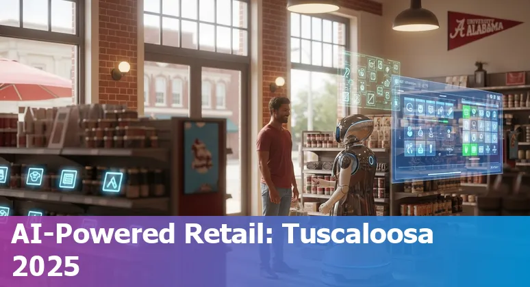 Retail AI applications in Tuscaloosa, Alabama: smart shelves, chatbots, and localized marketing in 2025.