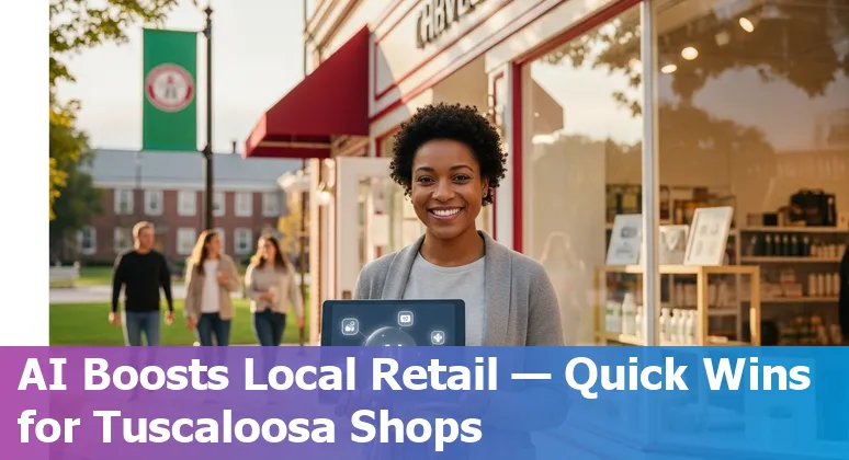 Store employee reviewing AI-driven inventory dashboard for a Tuscaloosa retail store near University of Alabama.