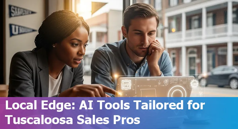 Sales professional using AI tools on a laptop with Tuscaloosa skyline in background