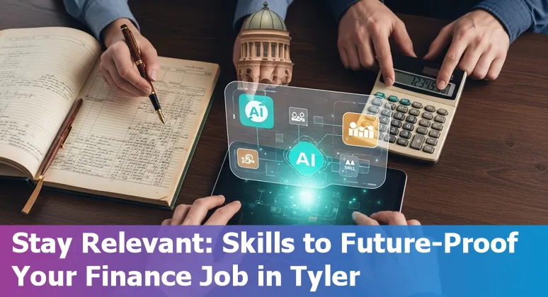 Finance professional using AI tools on laptop in Tyler, Texas, US office, showing dashboards and collaboration.