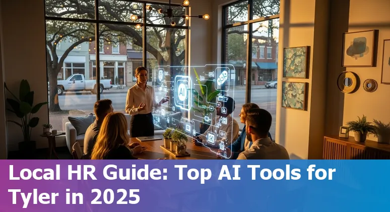 HR professional in Tyler, Texas reviewing AI tool dashboards for hiring, onboarding, and compliance