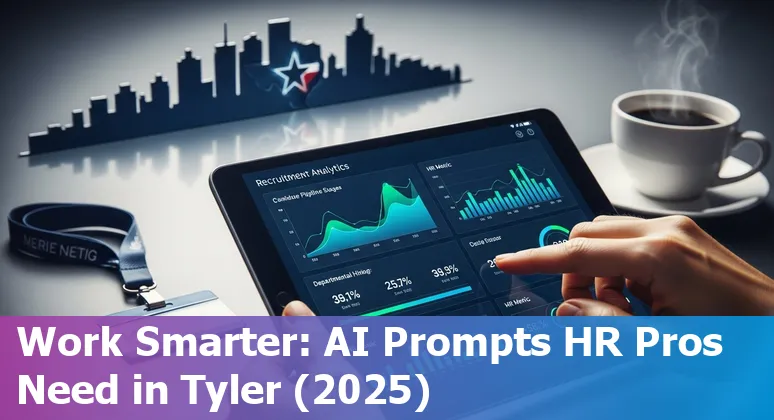 HR professional using AI prompts on a laptop with Tyler, Texas skyline in the background