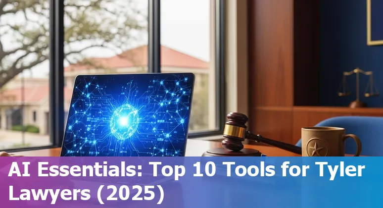 Lawyer using AI tools on a laptop with legal files and Texas map background