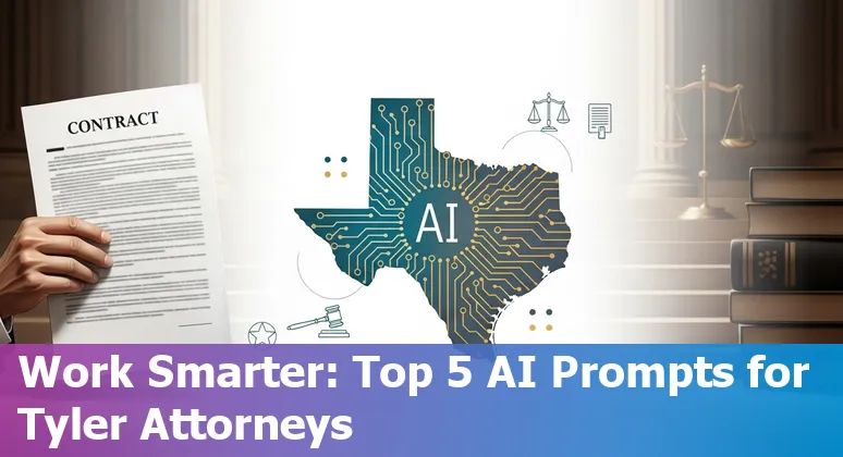 Lawyer at desk using AI tools with Texas flag and courtroom icons