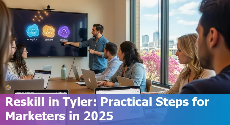 Marketer using AI tools on a laptop in Tyler, Texas skyline backdrop