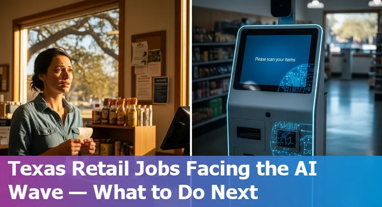 Tyler, Texas shopper at a self-checkout kiosk with a 'reskill' sign in the foreground.