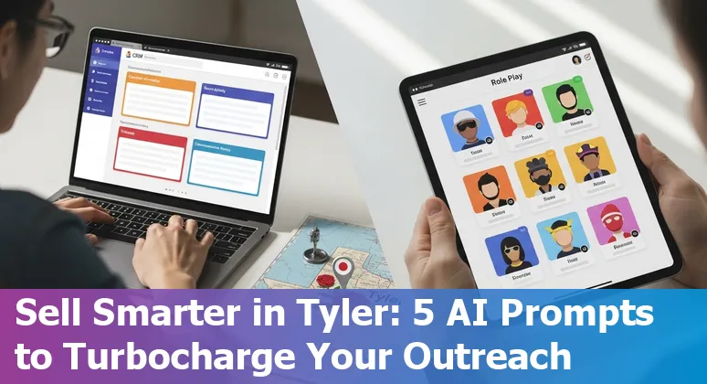 Salesperson in Tyler, Texas using AI on laptop with prompts on screen and city skyline in background