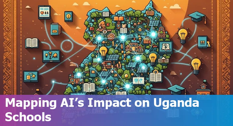 Ugandan classroom with teacher using a tablet surrounded by AI icons for chat, analytics and content generation