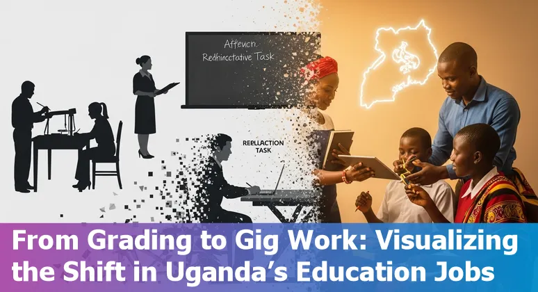 Teacher using AI tool with students in a Ugandan classroom, symbolising jobs at risk and ways to adapt
