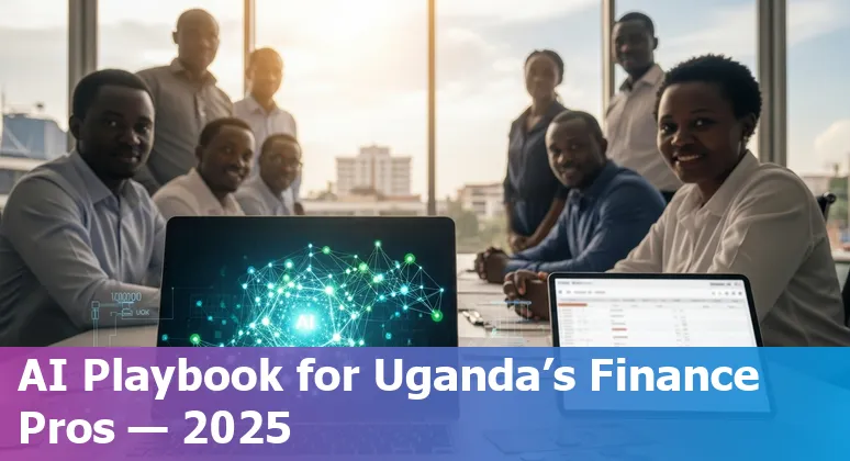 Ugandan finance professional using AI dashboard in an office in Uganda