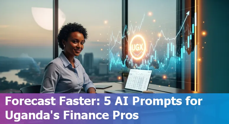 Ugandan finance professional using AI prompts on a laptop showing mobile money and budget charts