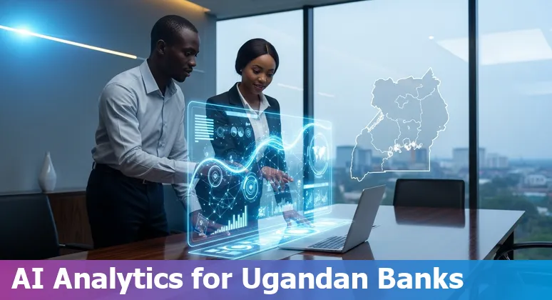 Illustration of AI use cases in Uganda's financial services showing banks, mobile money, and data icons.