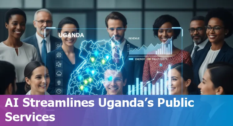 Dashboard showing AI-driven public service indicators in Uganda: icons for revenue, weather, electricity, queue management and air quality monitoring.