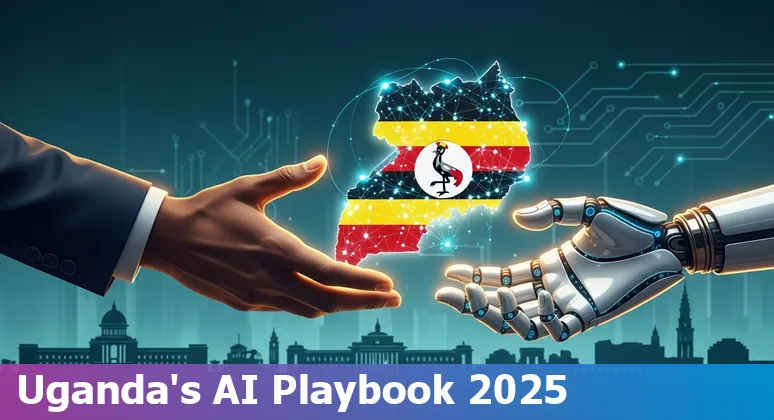 Illustration of AI in Uganda government services with Kampala skyline and public-sector icons